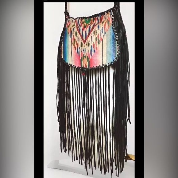 $770~TOTEM SALVAGED Western Saltillo Serape Leather Fringe Crossbody Purse - Picture 6 of 14